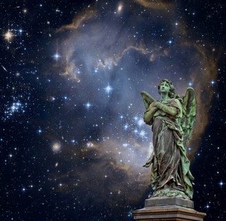 Statue of an angel in front of a starry sky