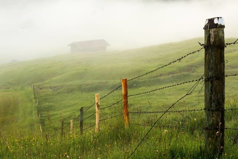 Pasture fence on mountain meadow with small cabin in the fog