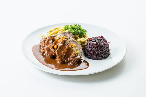 Wild meat roulade stuffed with gherkin