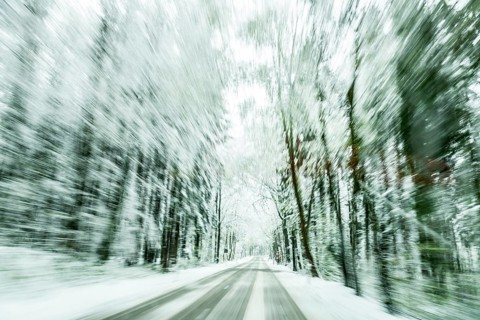 Snow-covered road in snow-covered forest