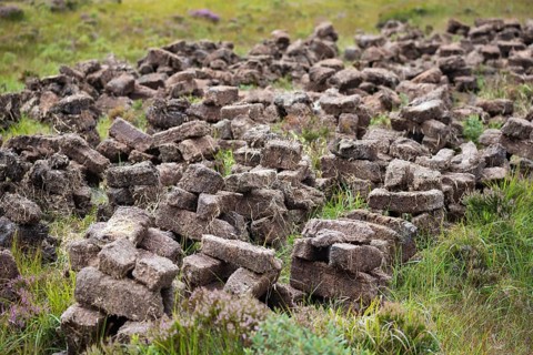 Engraved and stacked peat are drying on a heath