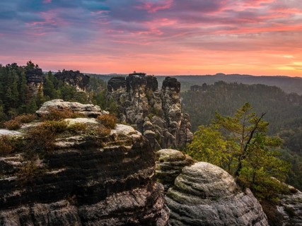 Schrammsteine around the Bastei at sunrise