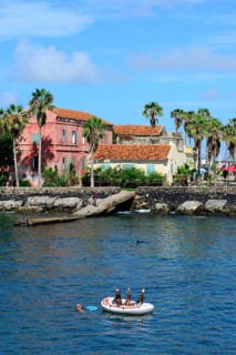 Palm trees and colonial building at the harbor