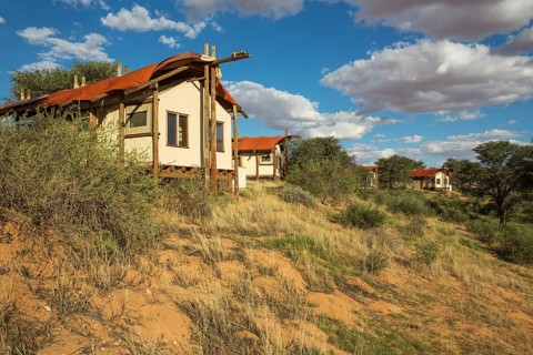 Stilt canvas tents of the Kalahari Tented Camp at ridge of sand dune