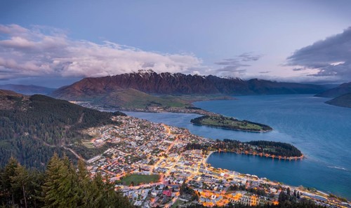 View of Lake Wakatipu and Queenstown at dawn