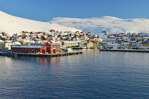 Townscape with snowy mountains