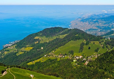 View from Pass Col de Jaman over Les Avants and Lake Geneva near Vevey
