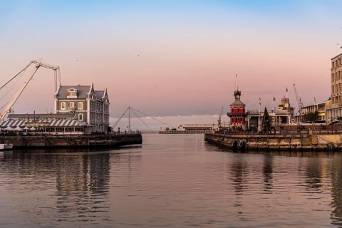 Port Basin and Victoria and Alfred Waterfront with Clock Tower and African Trading Post