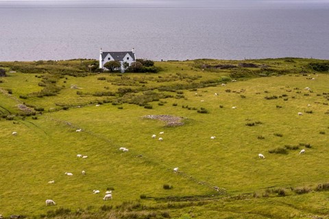 Typical landscape with houses and sheep on the Gaelic peninsula Applecross
