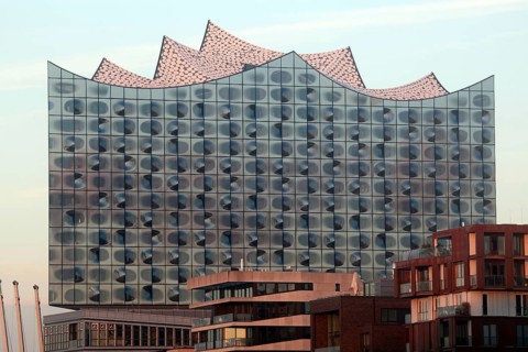 View from Grasbrookharbour on Elbphilharmonie and modern apartement buildings