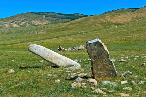 Stone steles decorated with animal engravings and patterns