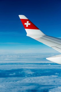 Wing of a Bombardier CS300 with Swiss Air logo