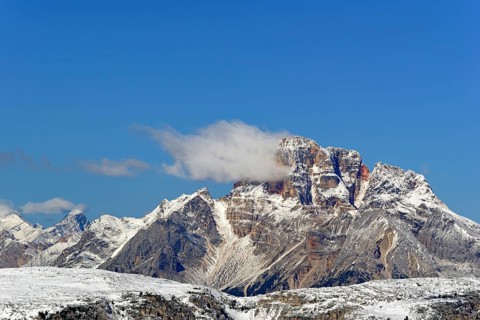 View from the Auronzo hut 2320 m to the Hohe Gaisl 3148 m in the Dolomiti di Braies
