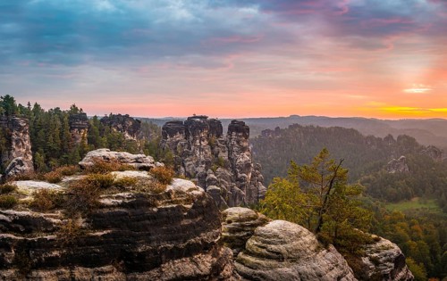 Schrammsteine around the Bastei at sunrise