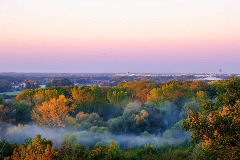 Munich Airport and Isar floodplains at sunrise