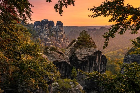 Schrammsteine around the Bastei at sunrise