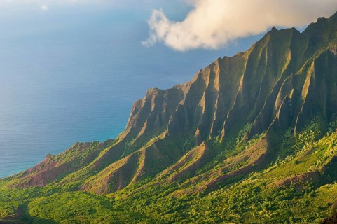 Napali coast with green mountains seen from the Kalalau lookout