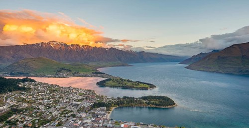 View of Lake Wakatipu and Queenstown at sunset