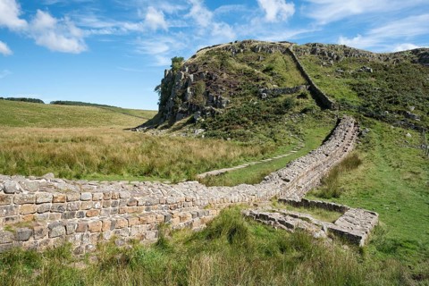 Hadrian's Wall with foundation walls of former watchtower