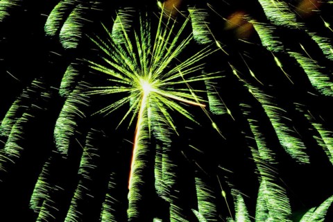 Green fireworks in night sky