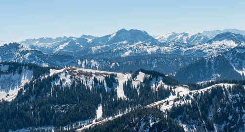 View from the Brecherspitz on pre-Alps with snow