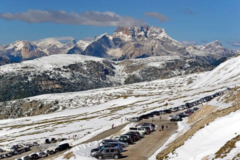 View from the Auronzo hut 2320 m over the toll road below the Three Peaks of Lavaredo to the Hohe Gaisl 3148 m in the Dolomiti di Braies
