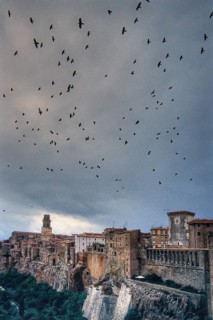 Crows over the old town of Pitigliano