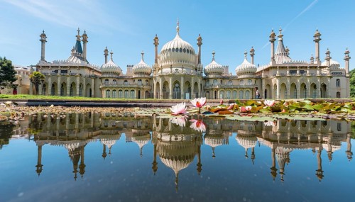 Water lilies in a pond in front of Royal Pavilion Palace