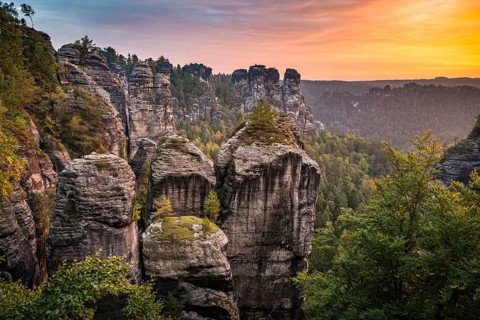 Schrammsteine around the Bastei at sunrise