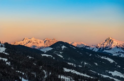 Lofer Mountains and Kitzbuheler Horn at sunrise in winter