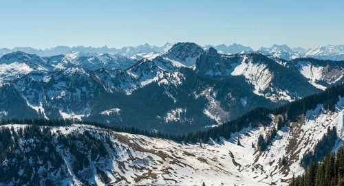 View from the Brecherspitz on pre-Alps with snow