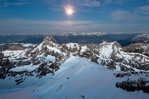 Santis Mountain overlooking Alpstein massif at full moon