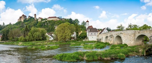 Old town and castle Harburg with bridge over the river Wornitz