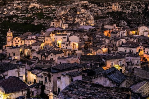 Sasso Caveoso district with San Pietro Caveoso church and Santa Maria de Idris cave church at night