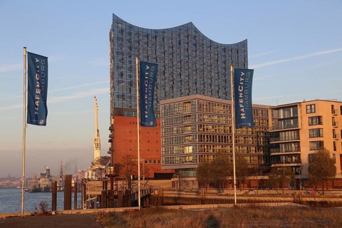 View on Elbphilharmonie and modern apartement buildings
