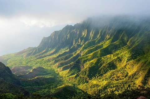 Napali coast with green mountains seen from the Kalalau lookout