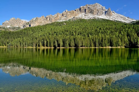 Mountain range Cadini di Misurina and dense mountain forest are reflected in Lake Misurina