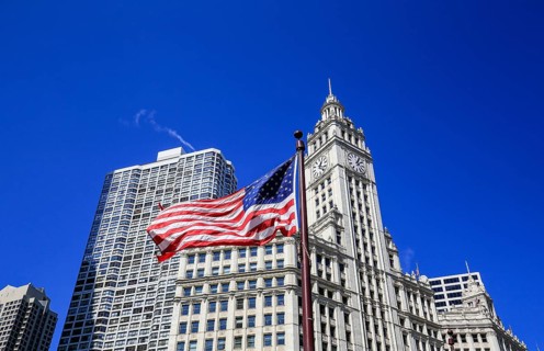 American flag in front of Wrigley Building