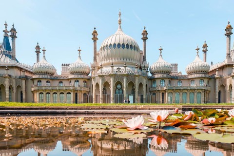 Water lilies in a pond in front of Royal Pavilion Palace