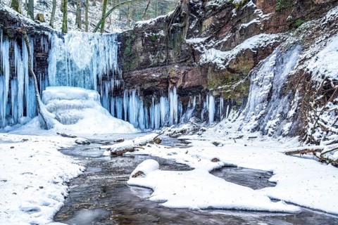 Icicles at the waterfall Horschbachschlucht Gorge