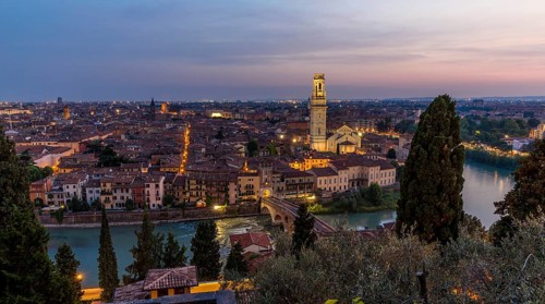 View at dusk from the hill of San Pietro to the old town