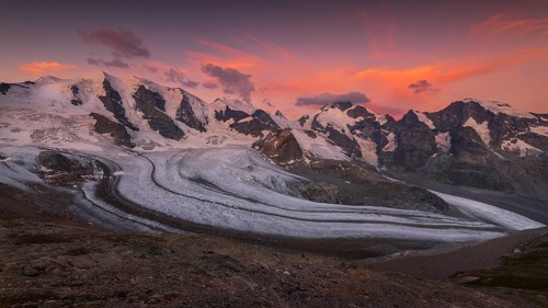 Panoramic view of the Bernina Group at dawn