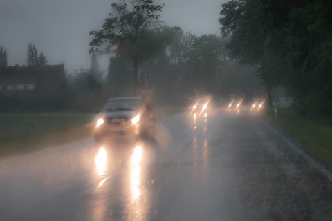 Dangerous car drive in heavy rain