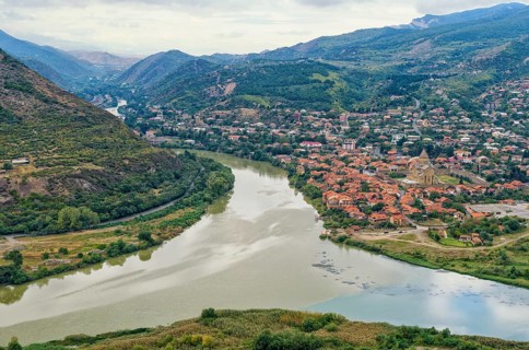 View over Aragvi River and Mtskheta Holy Cross Church