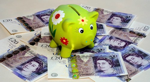 Piggy bank on twenty pound British banknotes