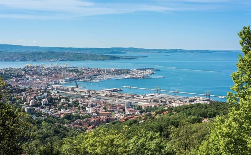 View from the panoramic path Strada Vicentina or Strada Napoleonica at the Karst plateau of the port and Gulf of Trieste