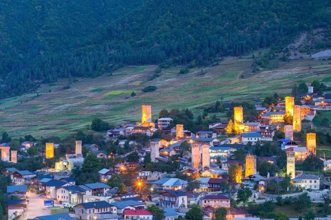 Traditional Svanetian towers at sunset