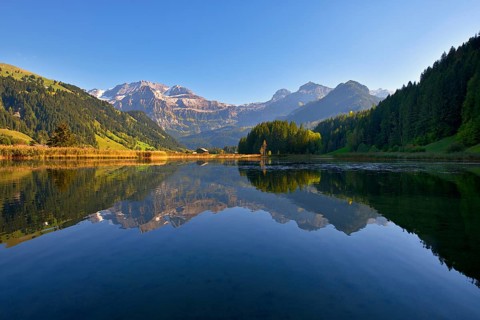 Lake Lenkerseeli with view to the Wildstrubel in the evening light