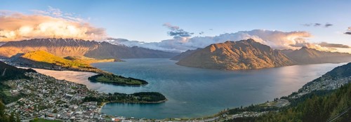 View of Lake Wakatipu and Queenstown at sunset