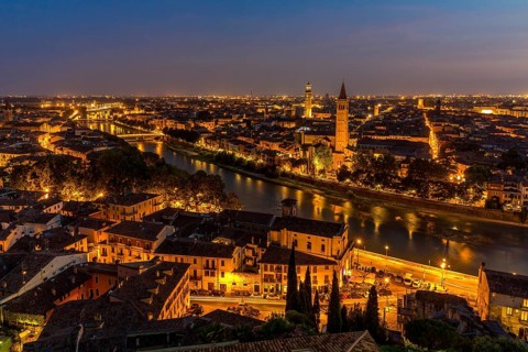 View at dusk from the hill of San Pietro to the old town
